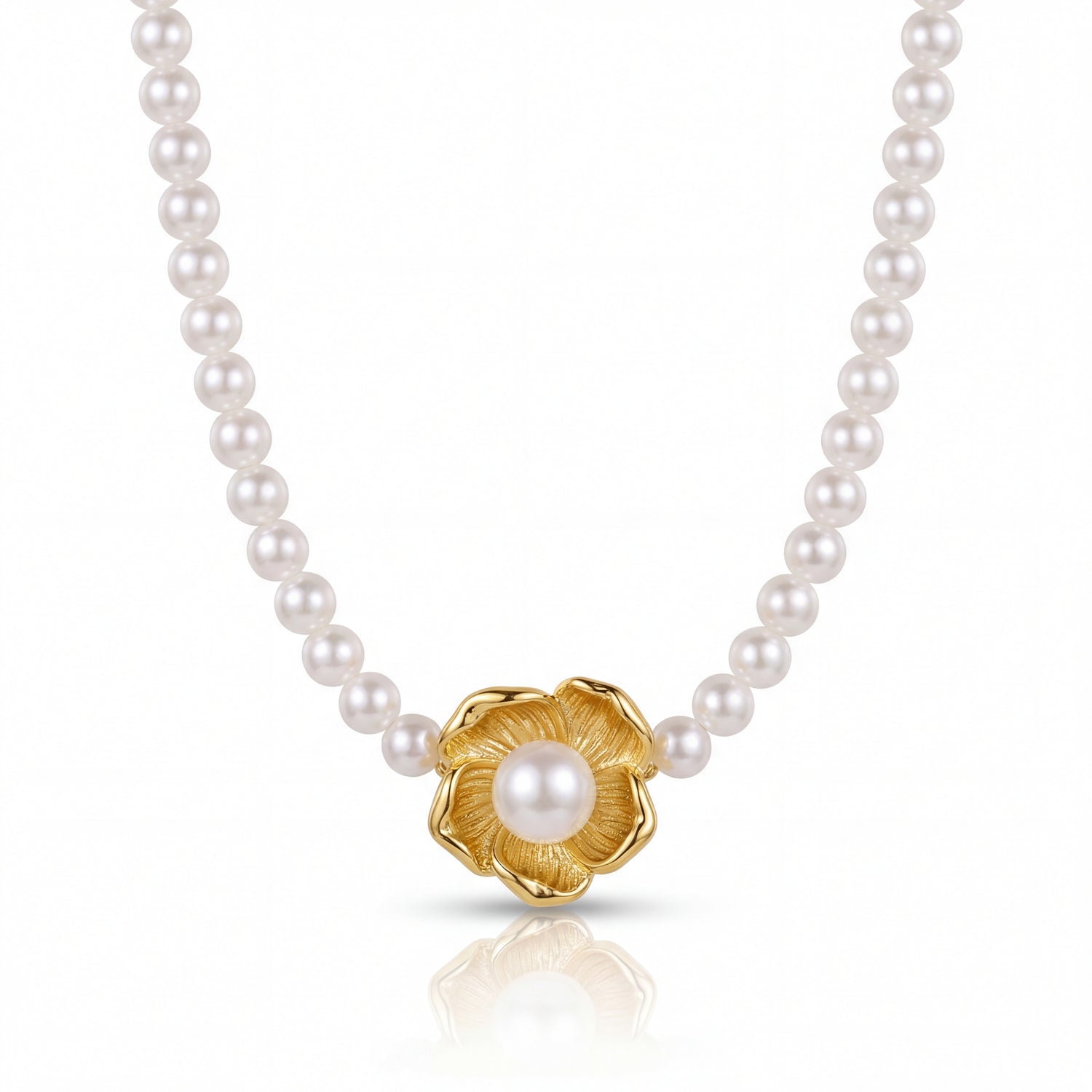 Pearl necklace with a gold clasp on a white background