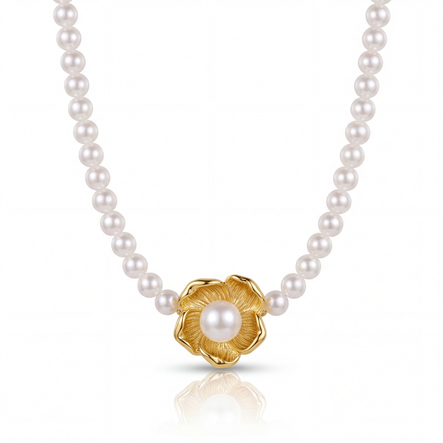 Pearl necklace with a gold clasp on a white background