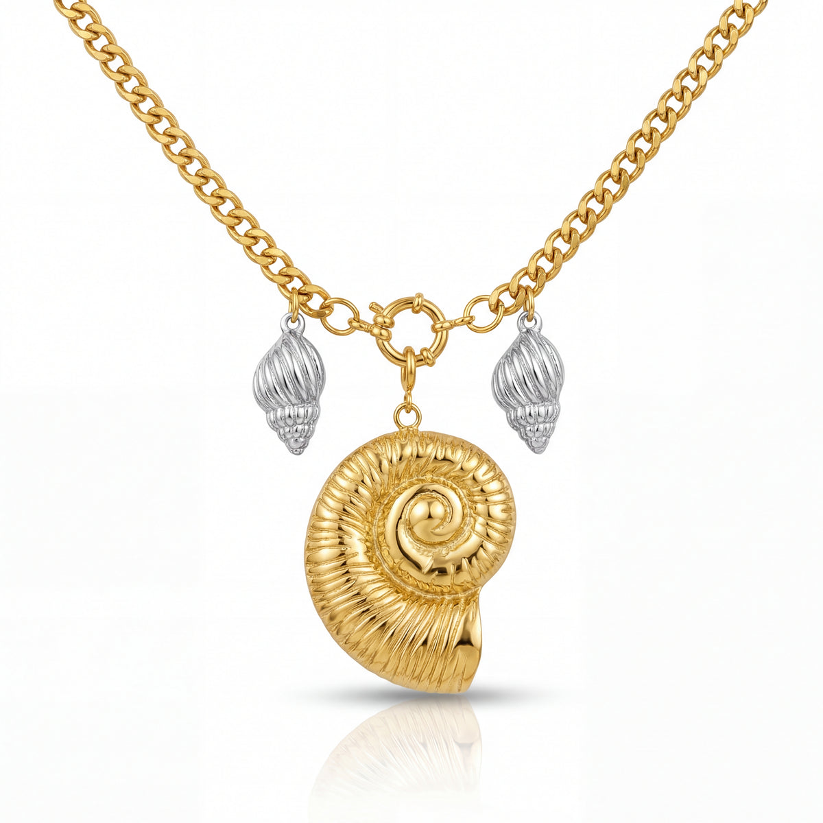Gold necklace with a shell pendant and silver accents on a white background