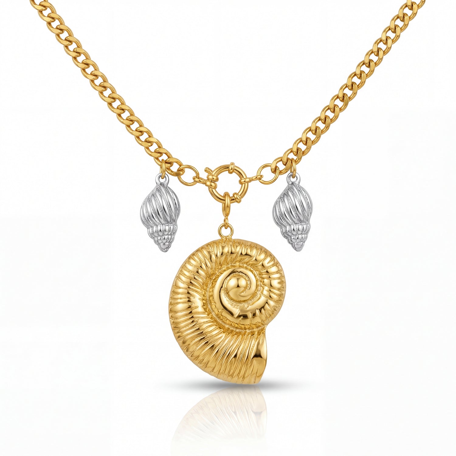 Gold necklace with a shell pendant and silver accents on a white background