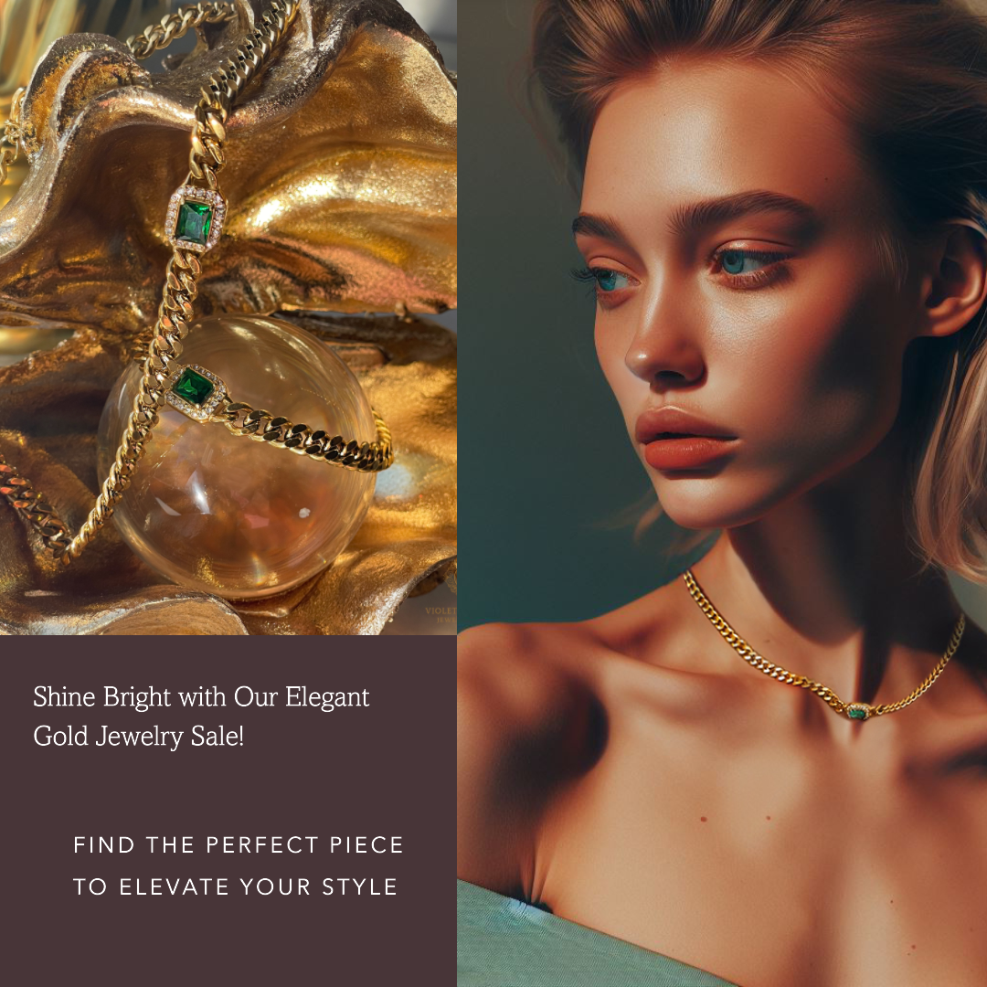 VB Harper 18K Gold Plated Collection Link Cuban Chain Necklace, Choker, Bracelet, Green Stone.