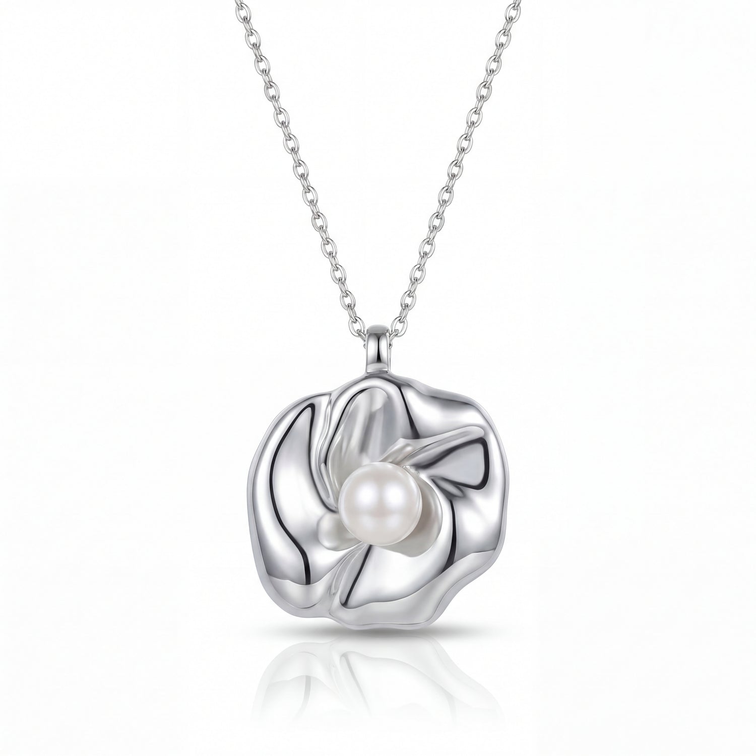 Silver necklace with a circular pendant featuring a pearl on a white background