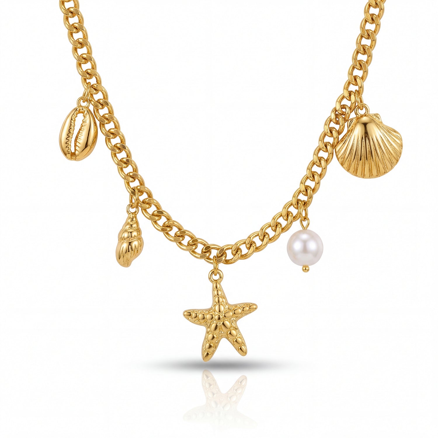 Gold chain necklace with starfish, shell, and pearl charms on a white background