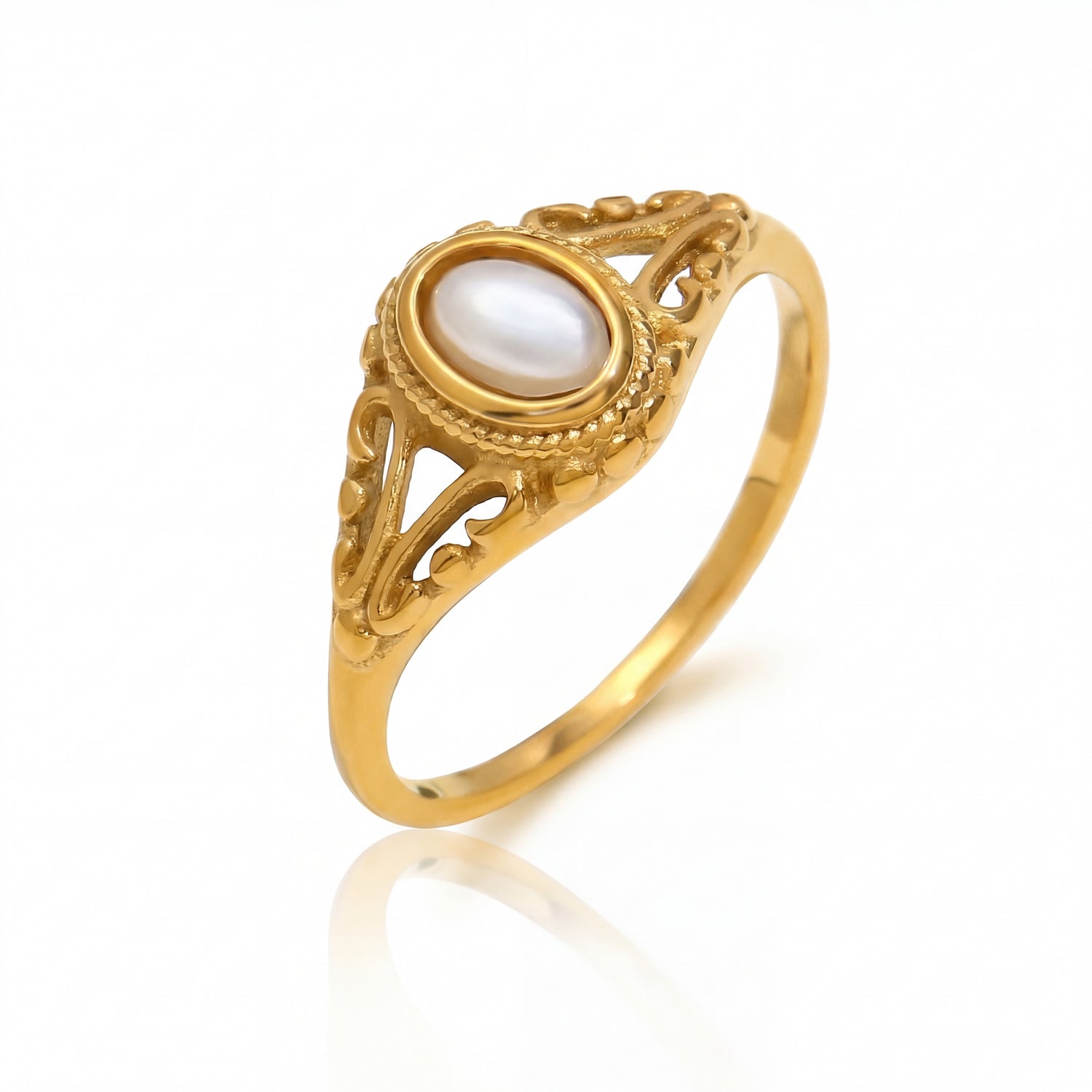 Gold ring with a pearl center on a white background