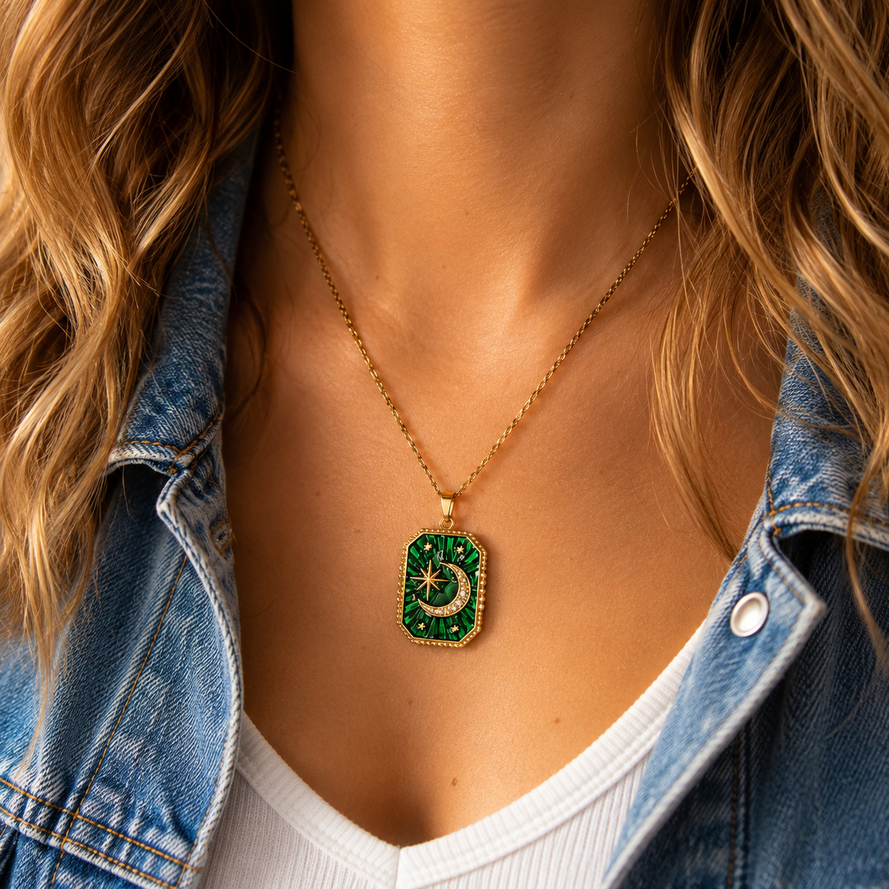 Gold necklace with a green pendant worn by a person with blonde hair, wearing a denim jacket.
