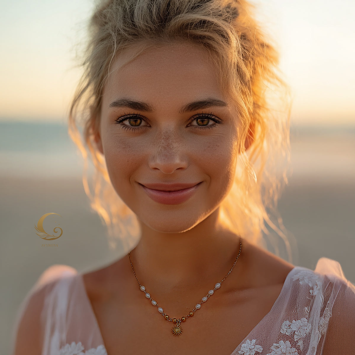 Woman wearing Ayla necklace with sun pendant and pearl beads, smiling softly in natural golden light.