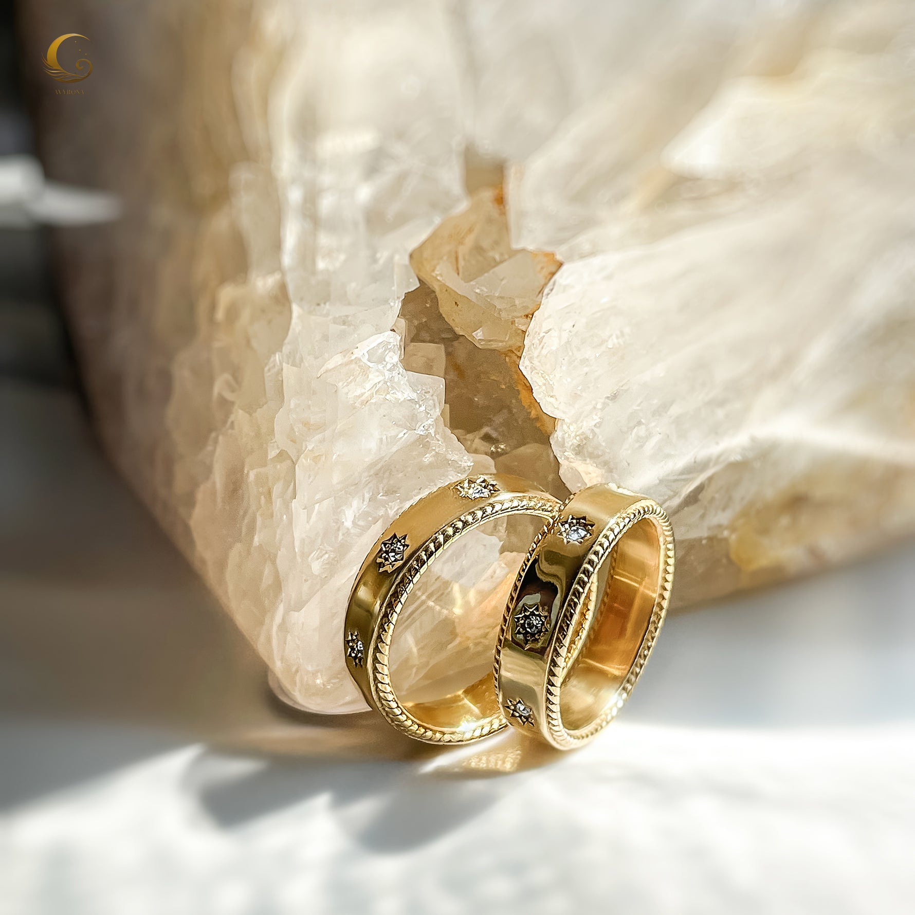 Celestial rings styled on crystal background