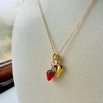 Gold Heart and Wild Strawberry Charm Necklace