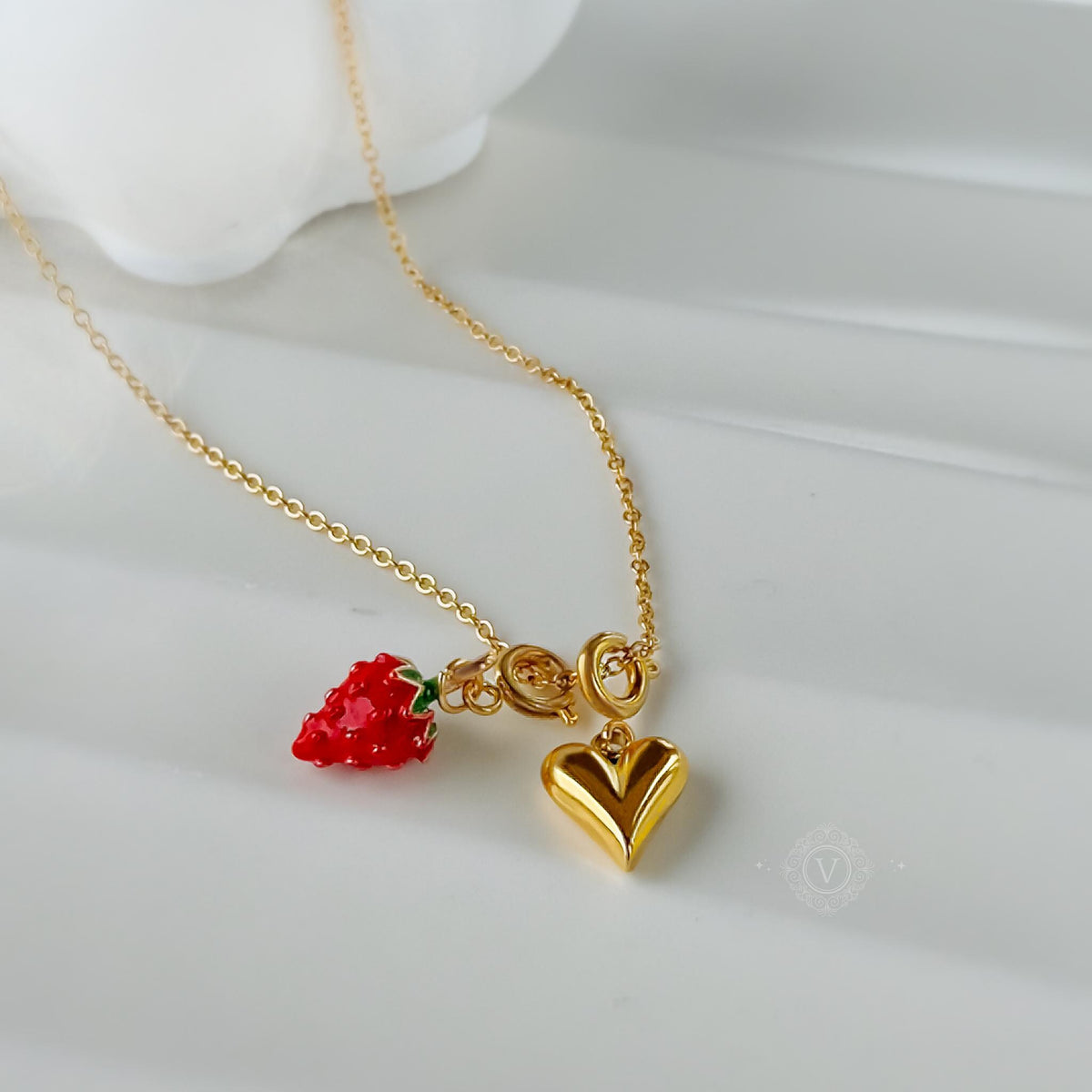 Gold Heart and Wild Strawberry Charm Necklace