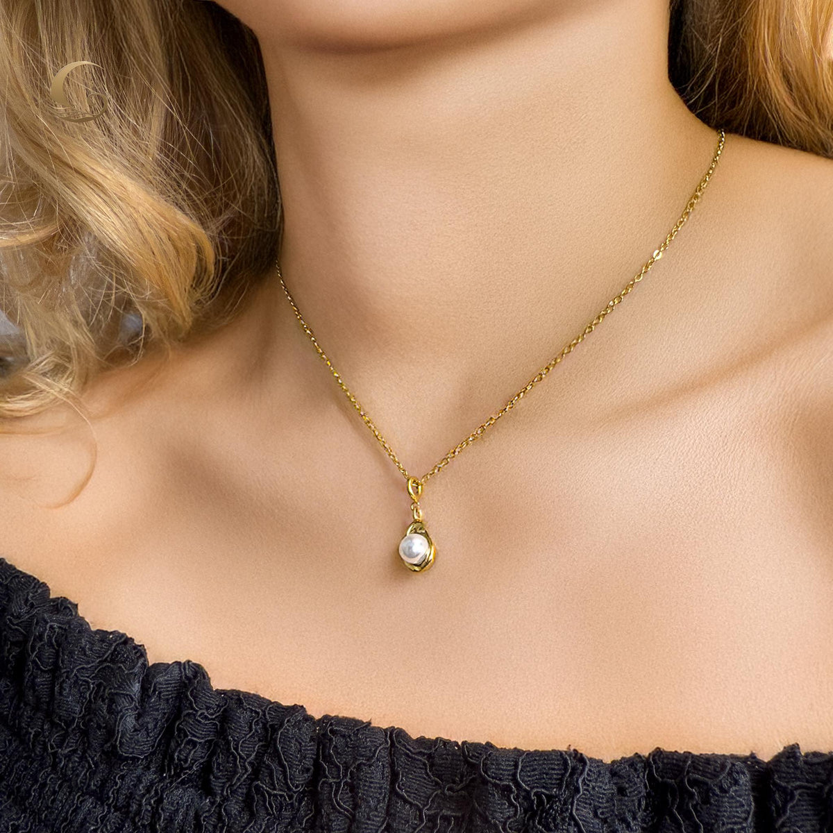 Gold Bean Pearl Charm Necklace