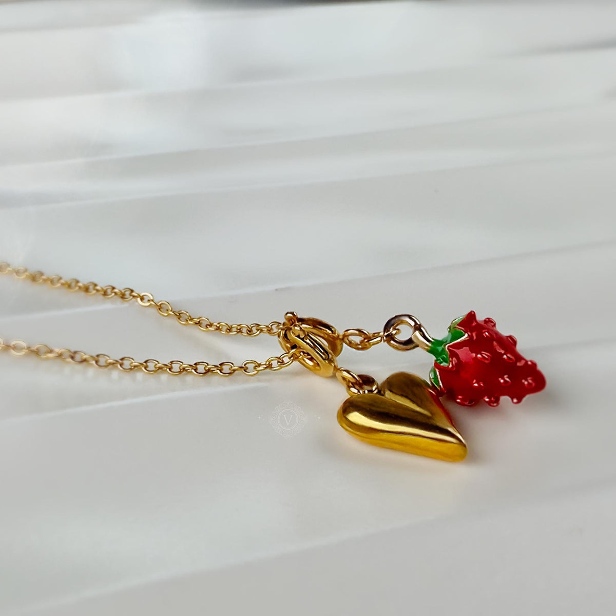 Gold Heart and Wild Strawberry Charm Necklace