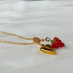 Gold Heart and Wild Strawberry Charm Necklace