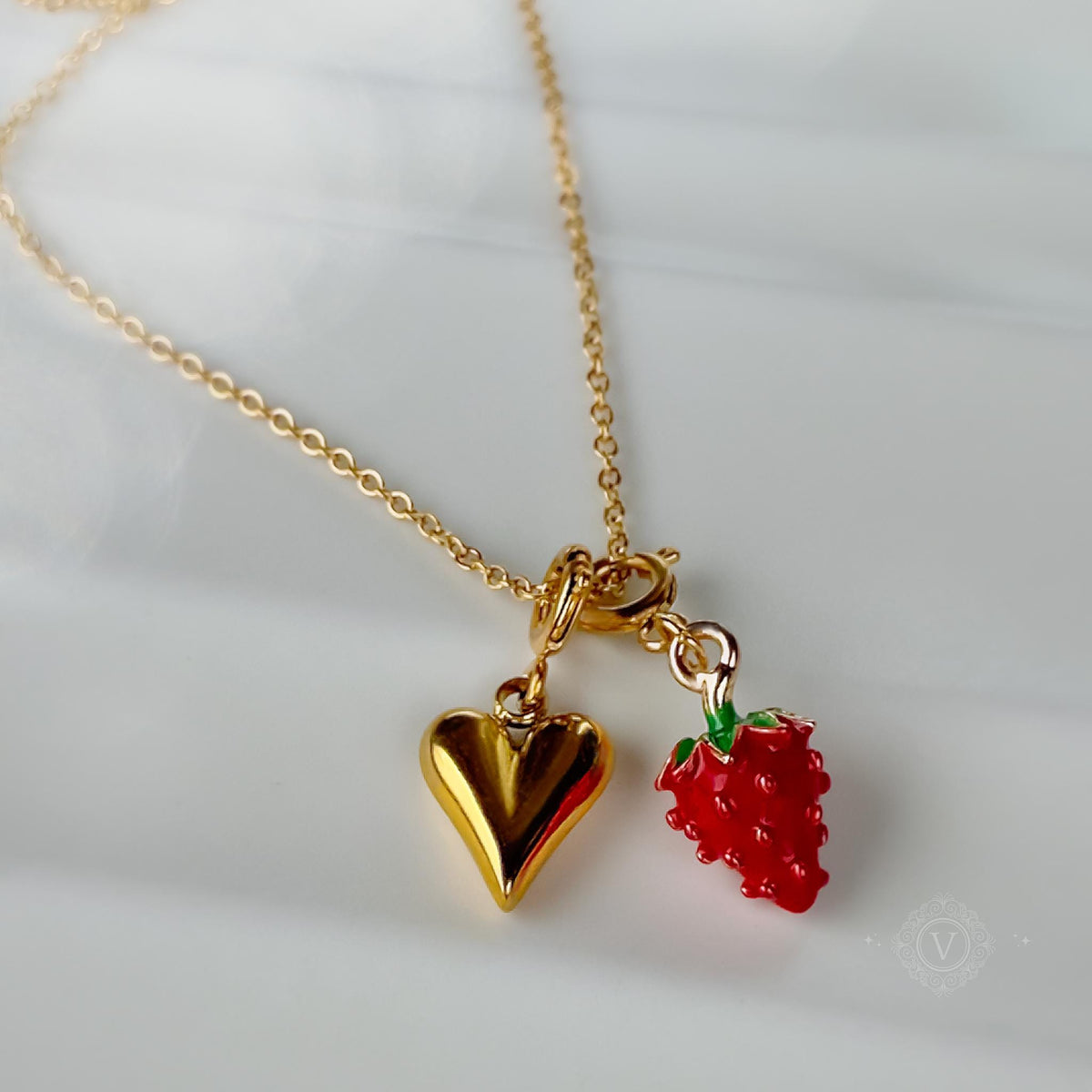 Gold Heart and Wild Strawberry Charm Necklace
