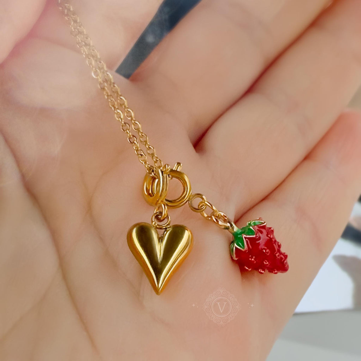 Gold Heart and Wild Strawberry Charm Necklace