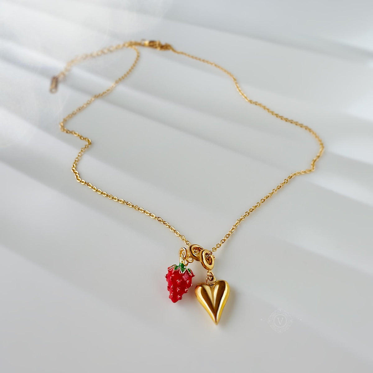Gold Heart and Wild Strawberry Charm Necklace
