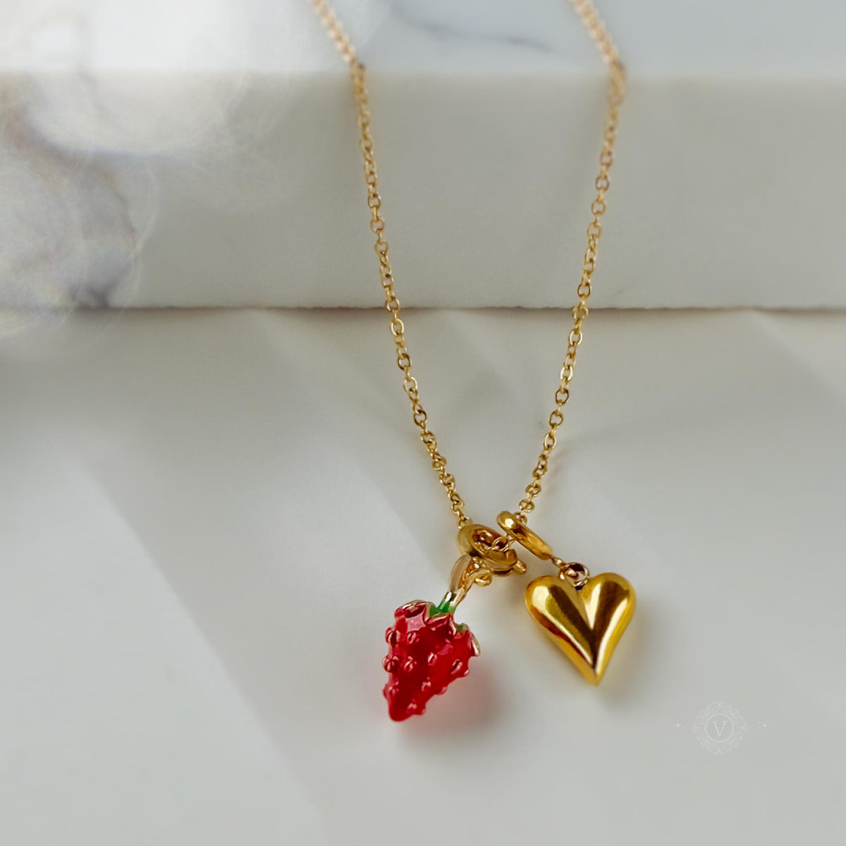 Gold Heart and Wild Strawberry Charm Necklace