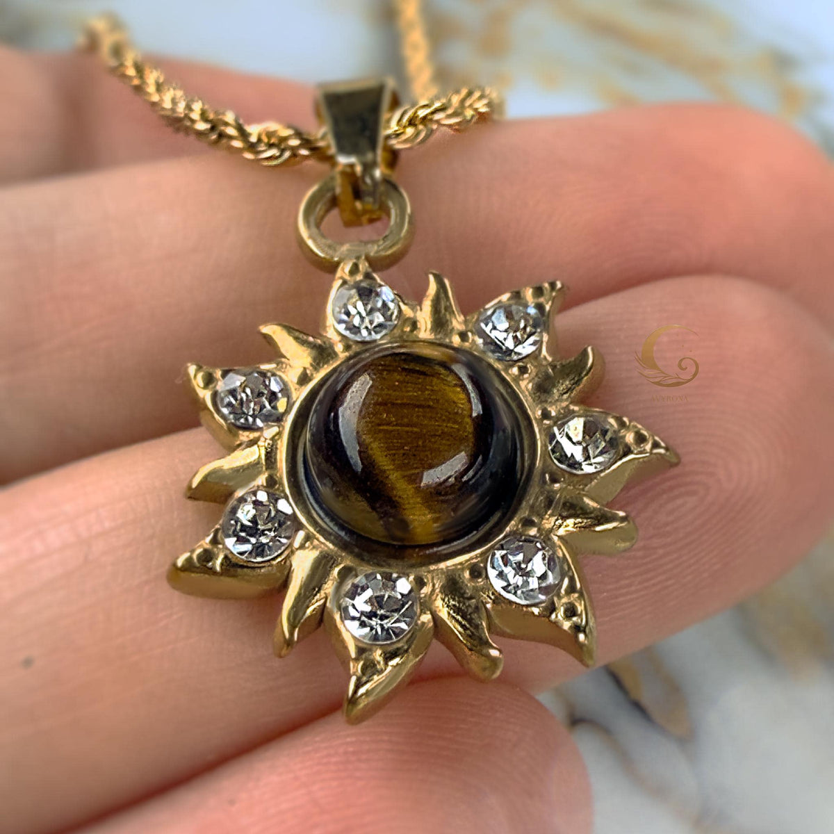 Tiger Eye Sun Necklace with Cubic Zirconia