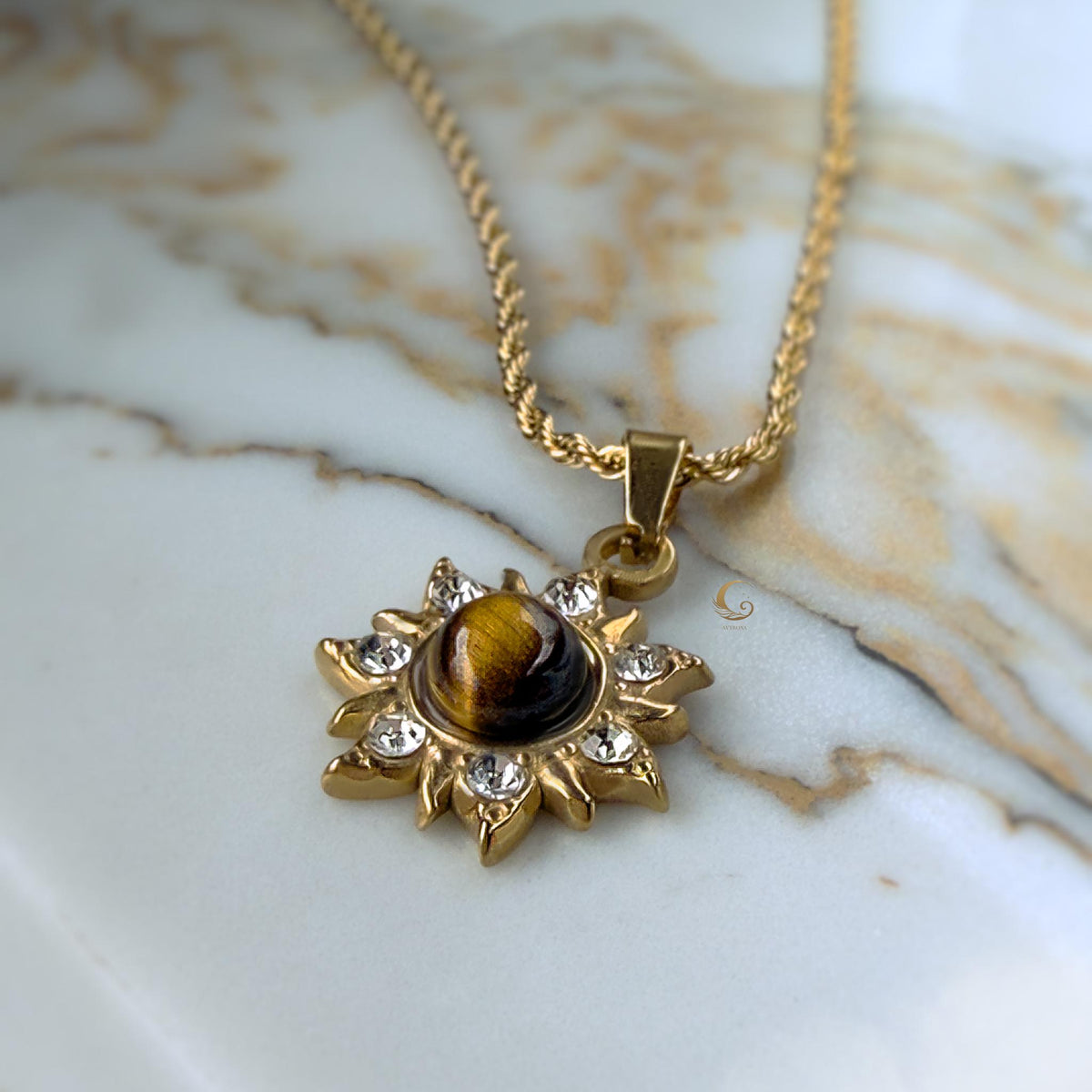 Tiger Eye Sun Necklace with Cubic Zirconia