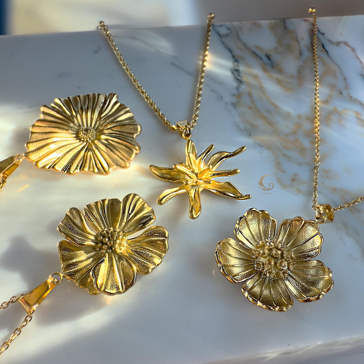 Gold Flower Pendant Necklace – Rose, Lily, Poppy or Ginkgo
