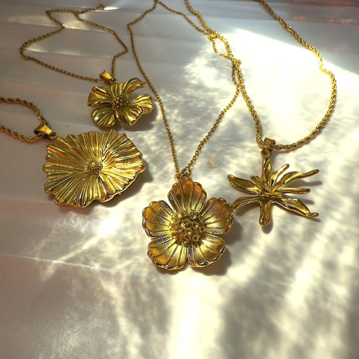 Gold Flower Pendant Necklace – Rose, Lily, Poppy or Ginkgo