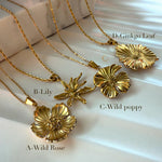 Gold Flower Pendant Necklace – Rose, Lily, Poppy or Ginkgo