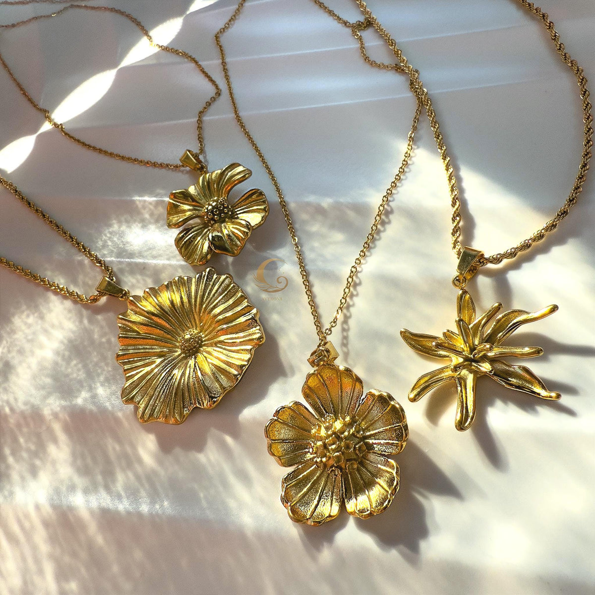 Gold Flower Pendant Necklace – Rose, Lily, Poppy or Ginkgo