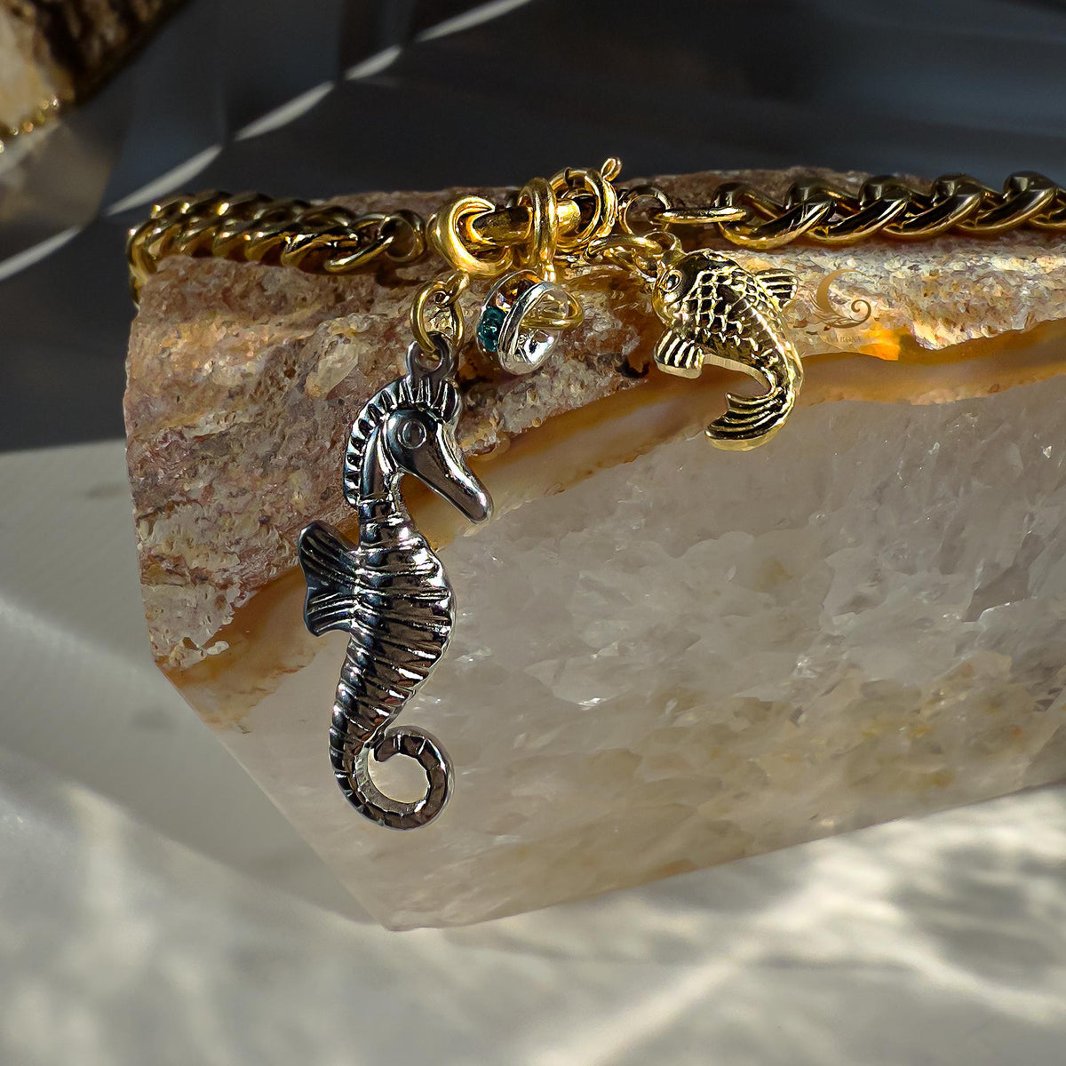 Cuban Chain Necklace with Seahorse, Fish and Crystal Ring Charms