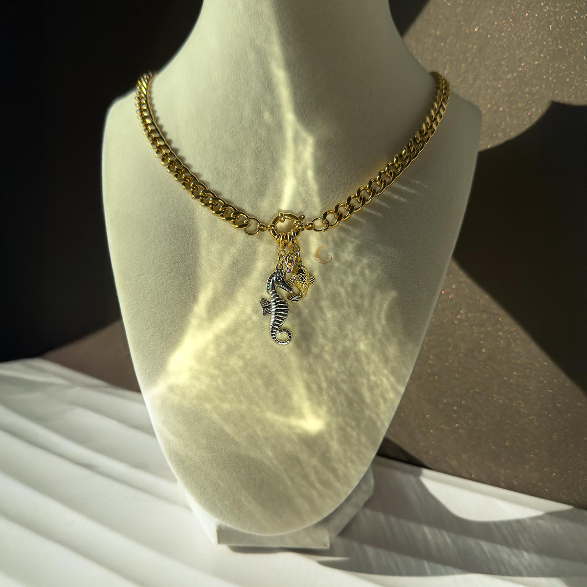 Cuban Chain Necklace with Seahorse, Fish and Crystal Ring Charms