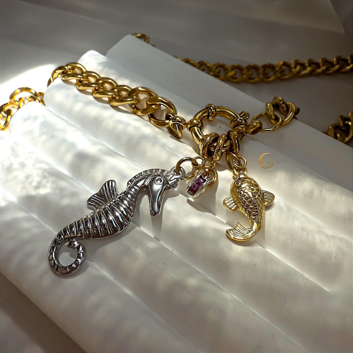 Cuban Chain Necklace with Seahorse, Fish and Crystal Ring Charms