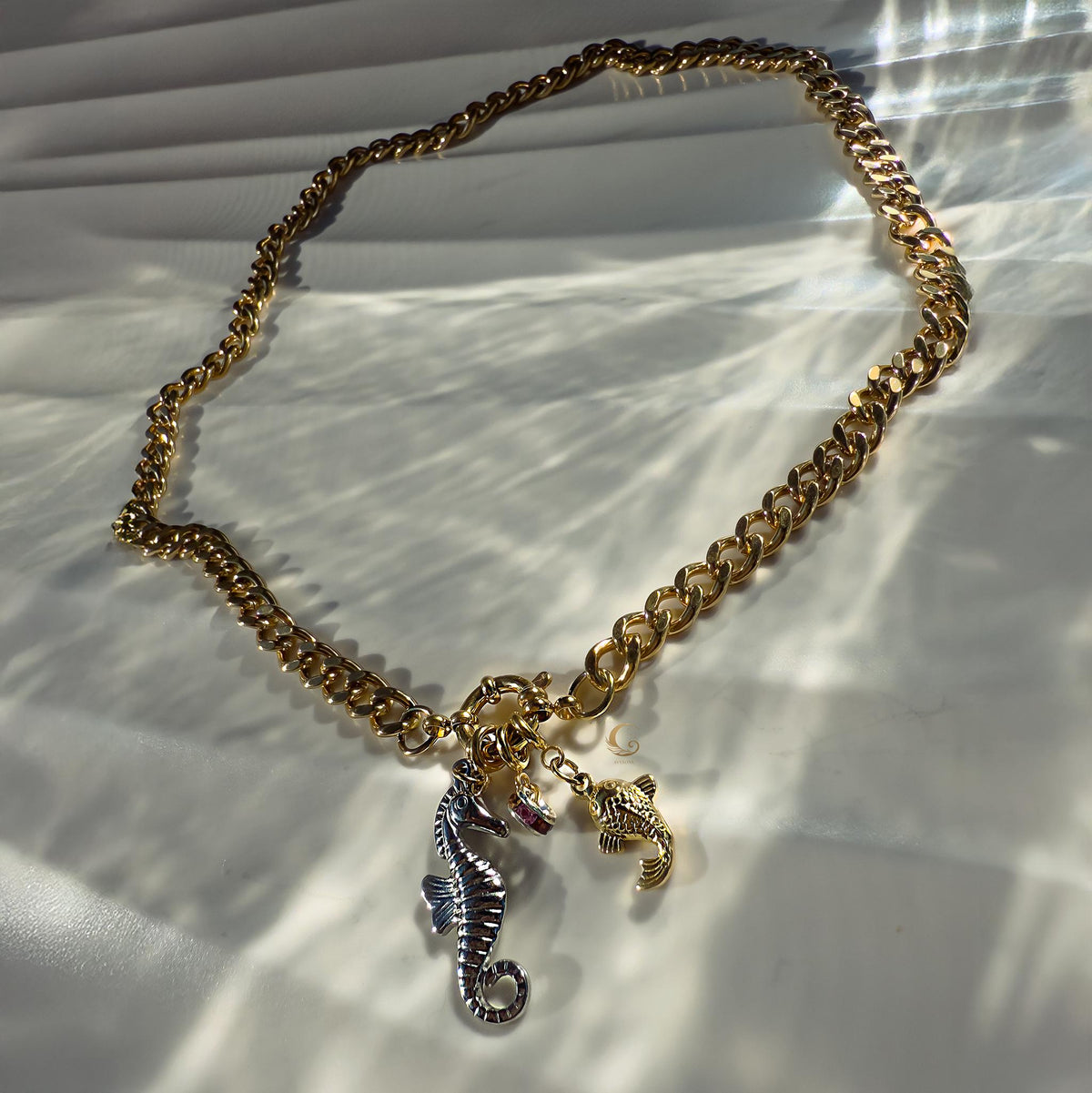 Cuban Chain Necklace with Seahorse, Fish and Crystal Ring Charms