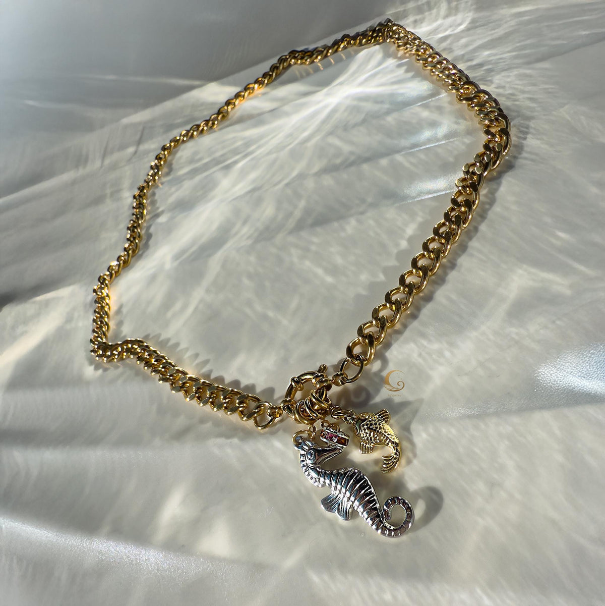Cuban Chain Necklace with Seahorse, Fish and Crystal Ring Charms