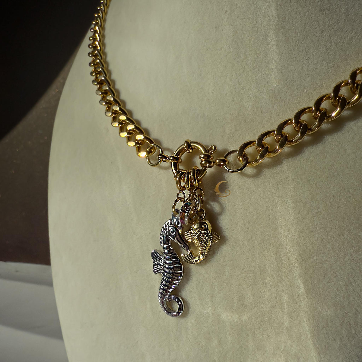 Cuban Chain Necklace with Seahorse, Fish and Crystal Ring Charms