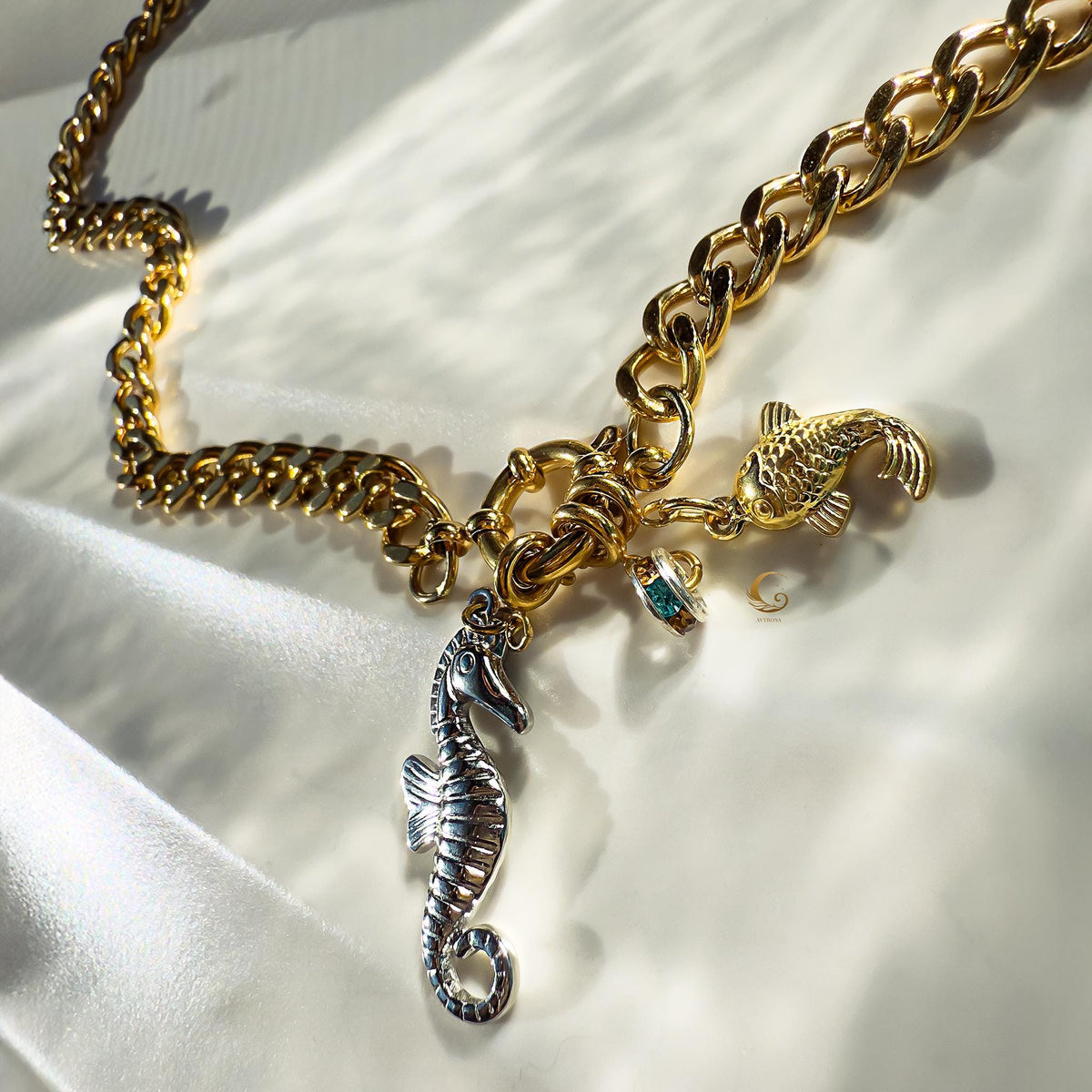 Cuban Chain Necklace with Seahorse, Fish and Crystal Ring Charms