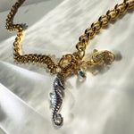 Cuban Chain Necklace with Seahorse, Fish and Crystal Ring Charms