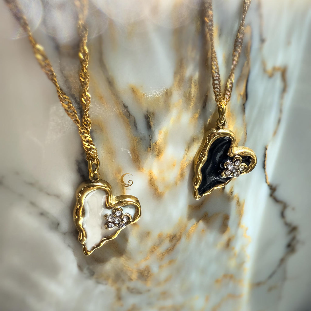 Gold Enamel Heart Necklace with Black or White Flower