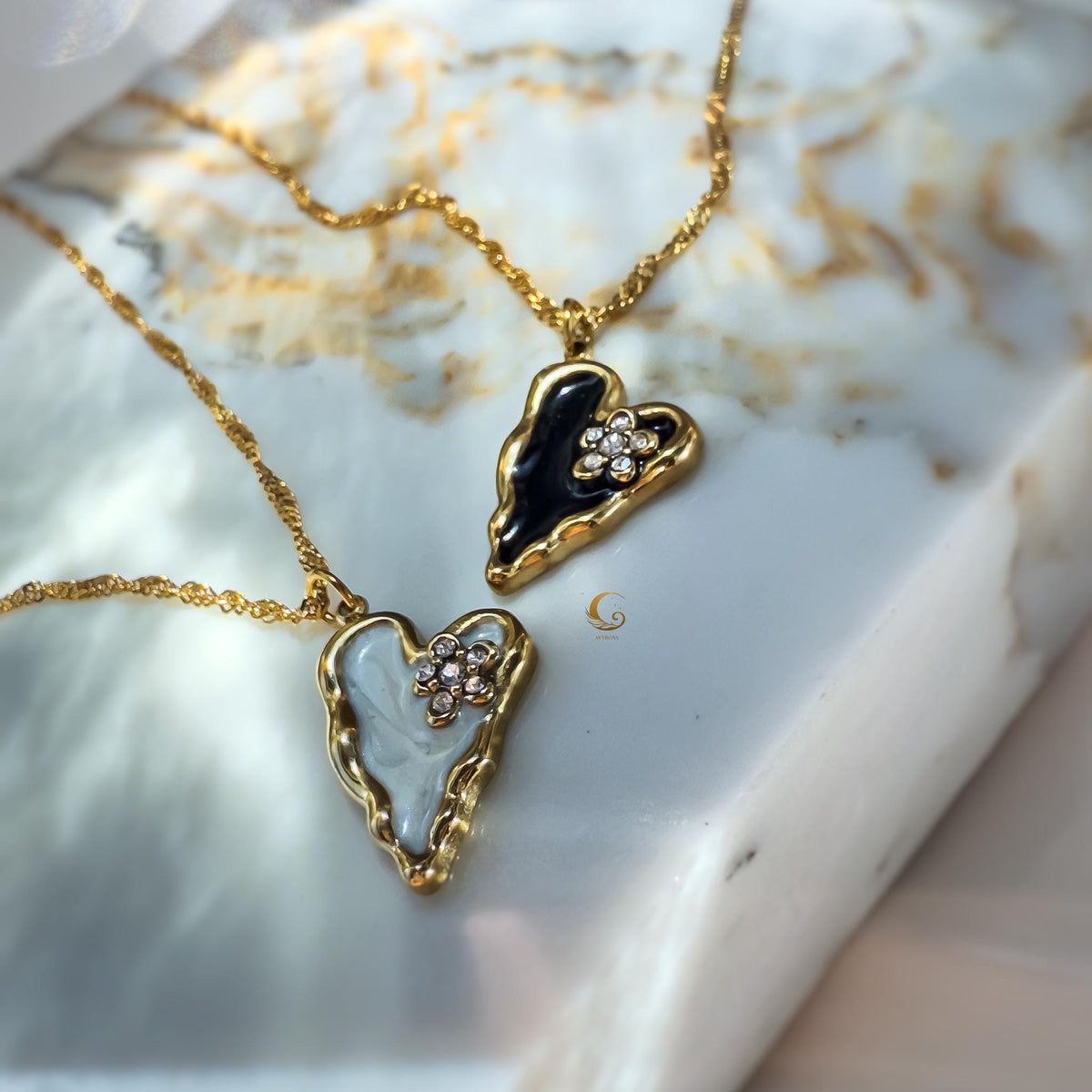 Gold Enamel Heart Necklace with Black or White Flower