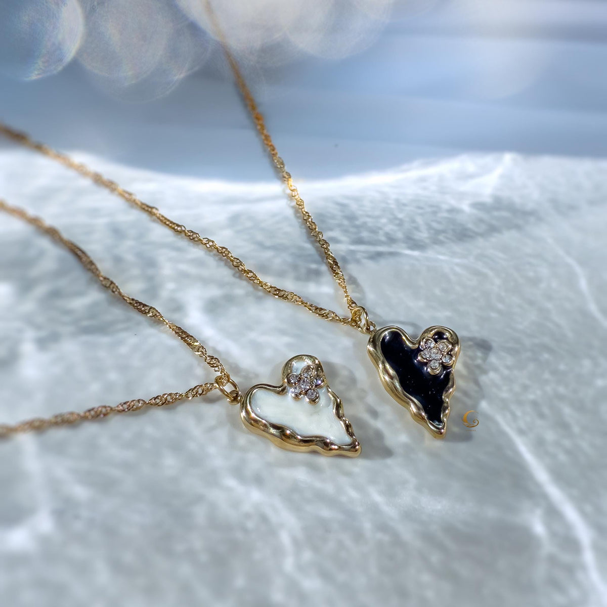 Gold Enamel Heart Necklace with Black or White Flower