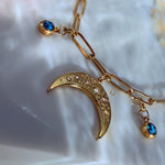 Celestial Moon Charm Necklace with Blue Zirconia