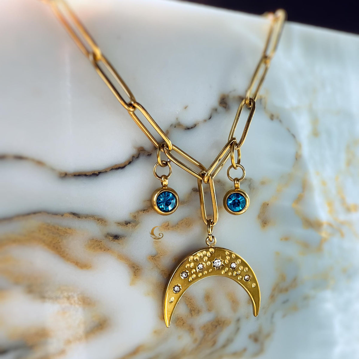 Celestial Moon Charm Necklace with Blue Zirconia
