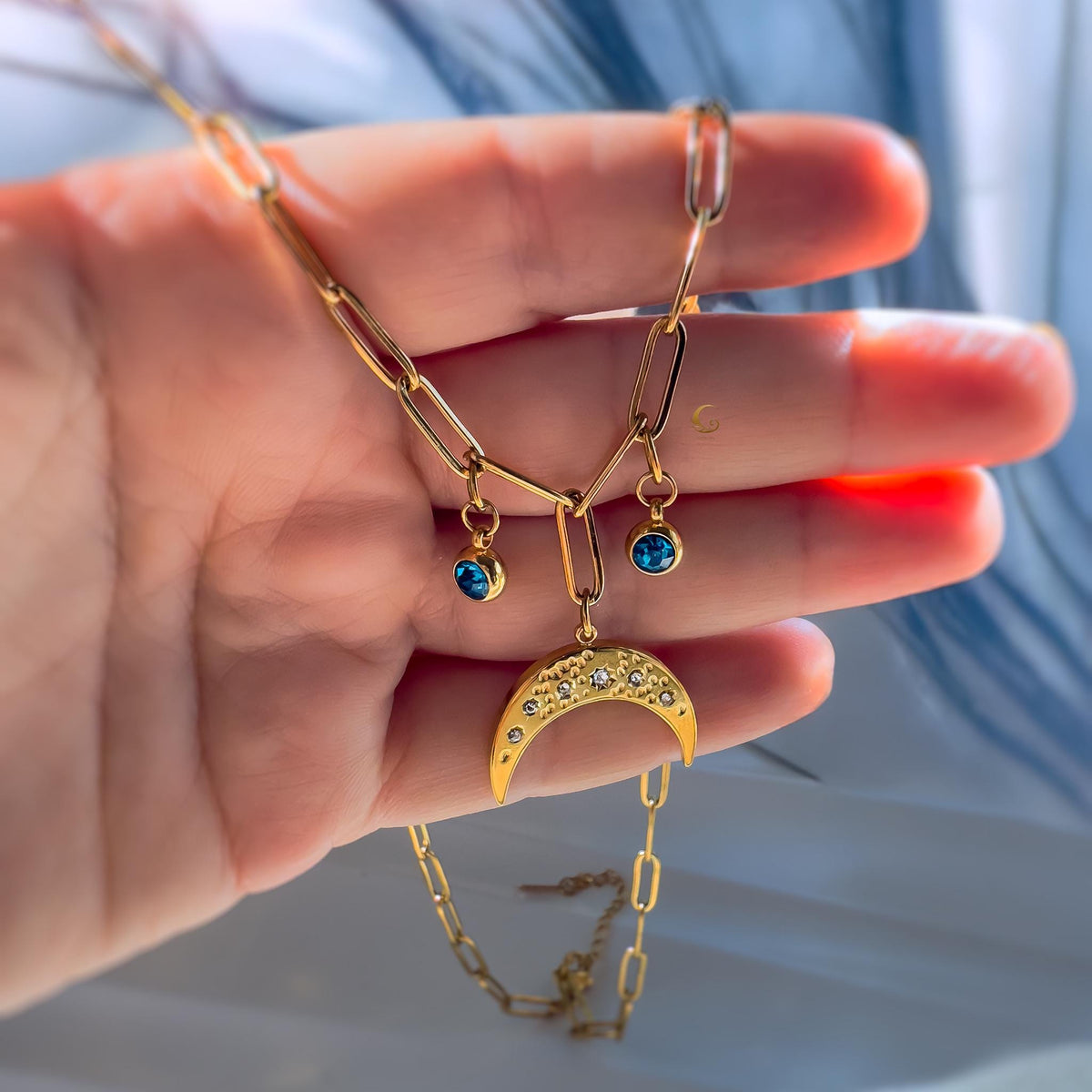 Celestial Moon Charm Necklace with Blue Zirconia