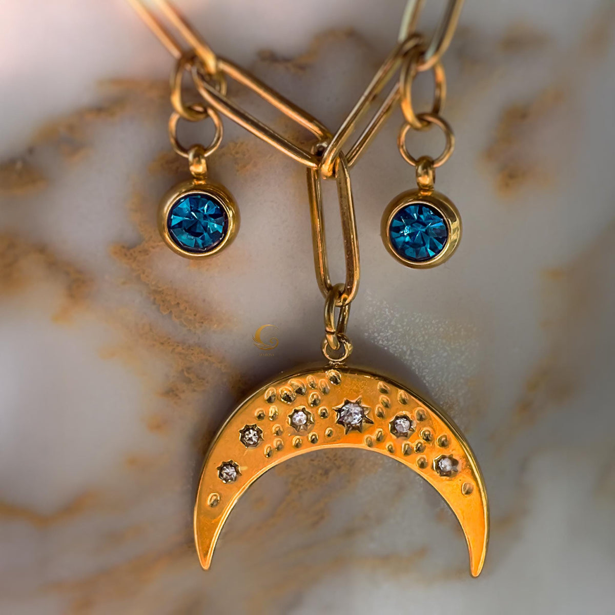 Celestial Moon Charm Necklace with Blue Zirconia