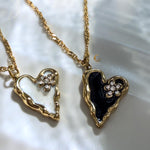 Gold Enamel Heart Necklace with Black or White Flower