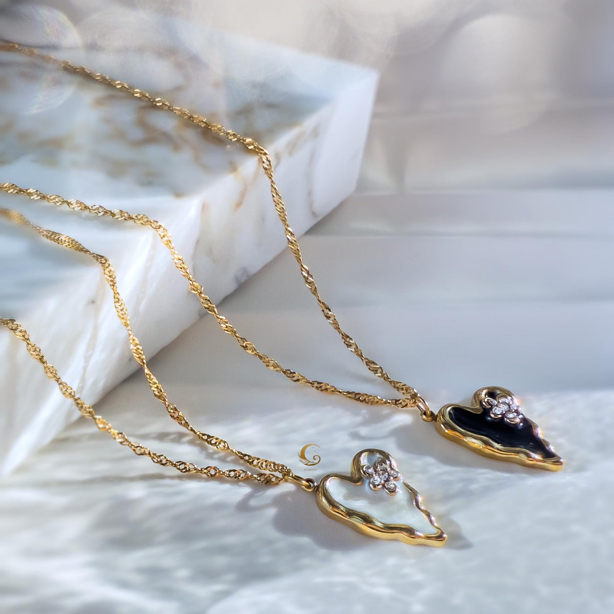 Gold Enamel Heart Necklace with Black or White Flower