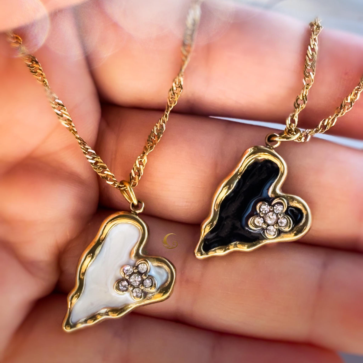Gold Enamel Heart Necklace with Black or White Flower