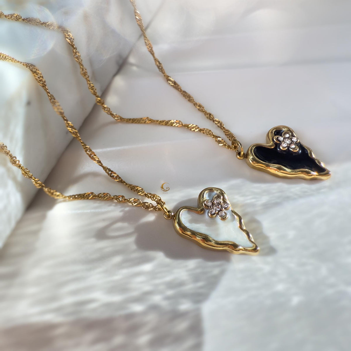 Gold Enamel Heart Necklace with Black or White Flower