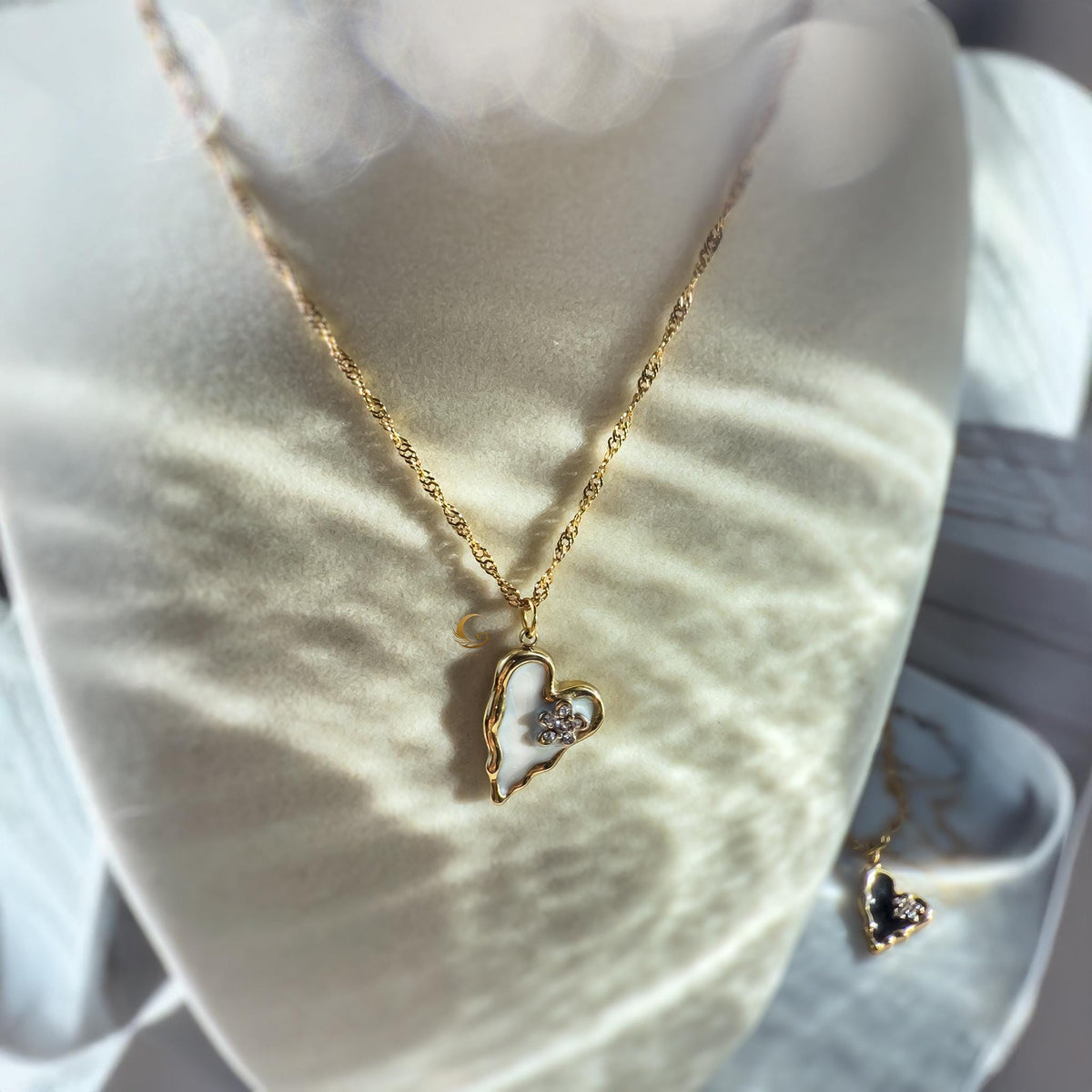 Gold Enamel Heart Necklace with Black or White Flower