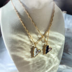 Gold Enamel Heart Necklace with Black or White Flower