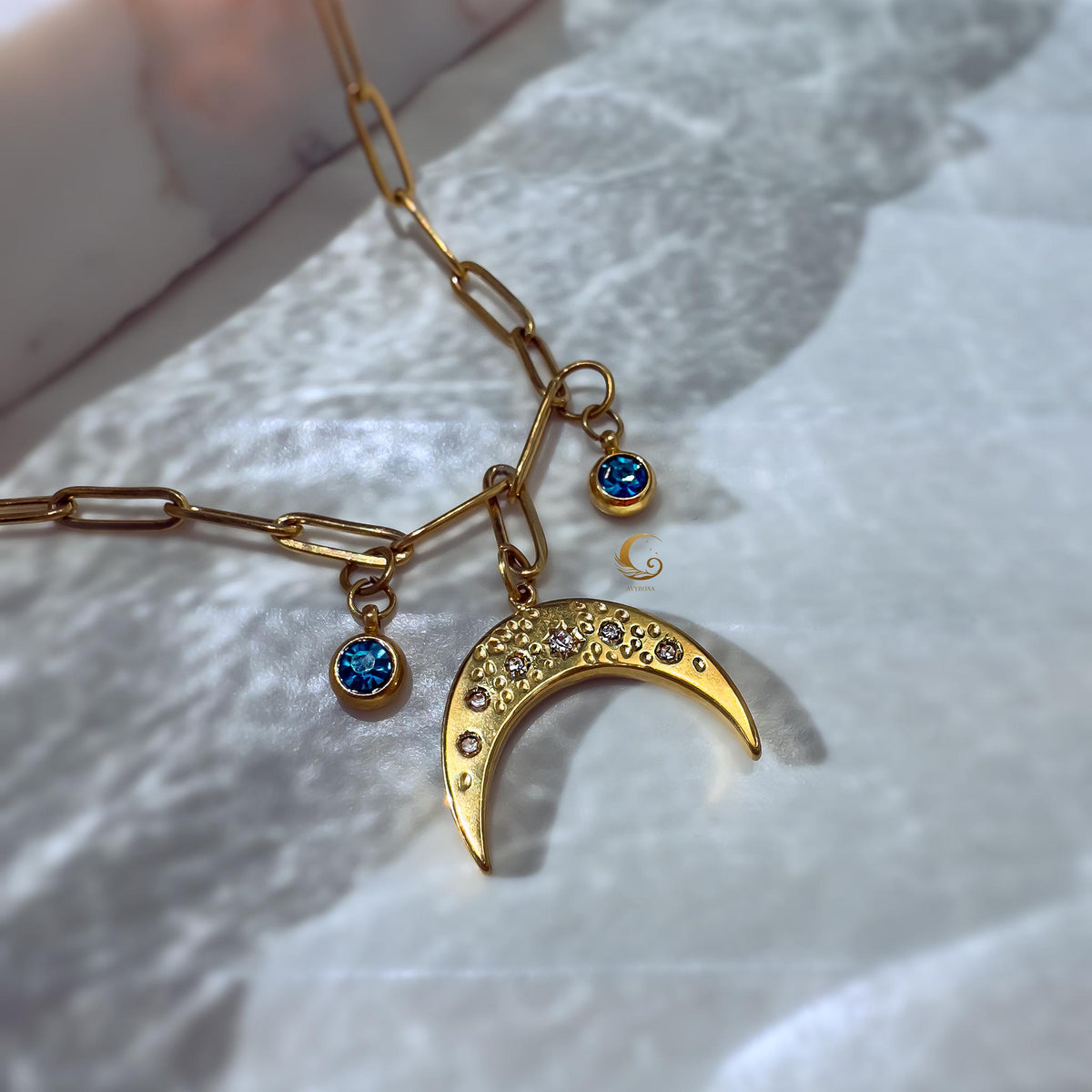 Celestial Moon Charm Necklace with Blue Zirconia