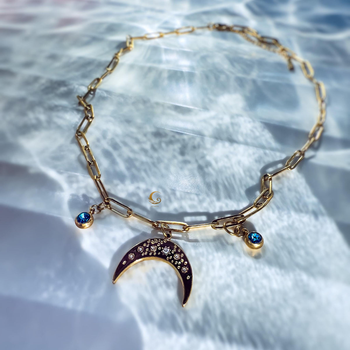Celestial Moon Charm Necklace with Blue Zirconia