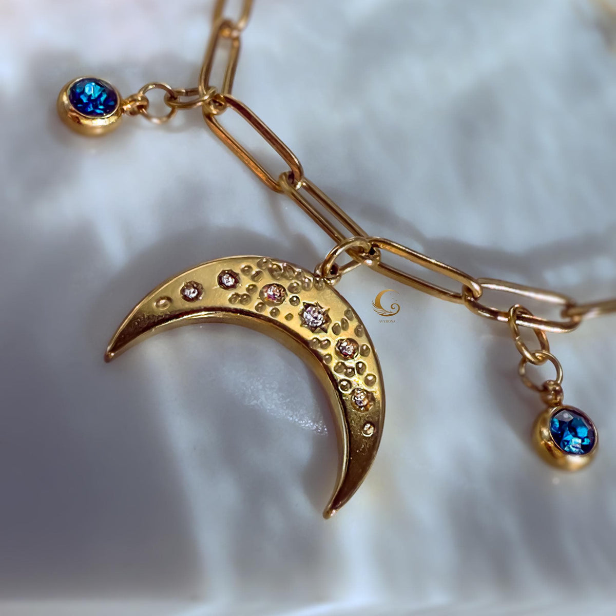 Celestial Moon Charm Necklace with Blue Zirconia